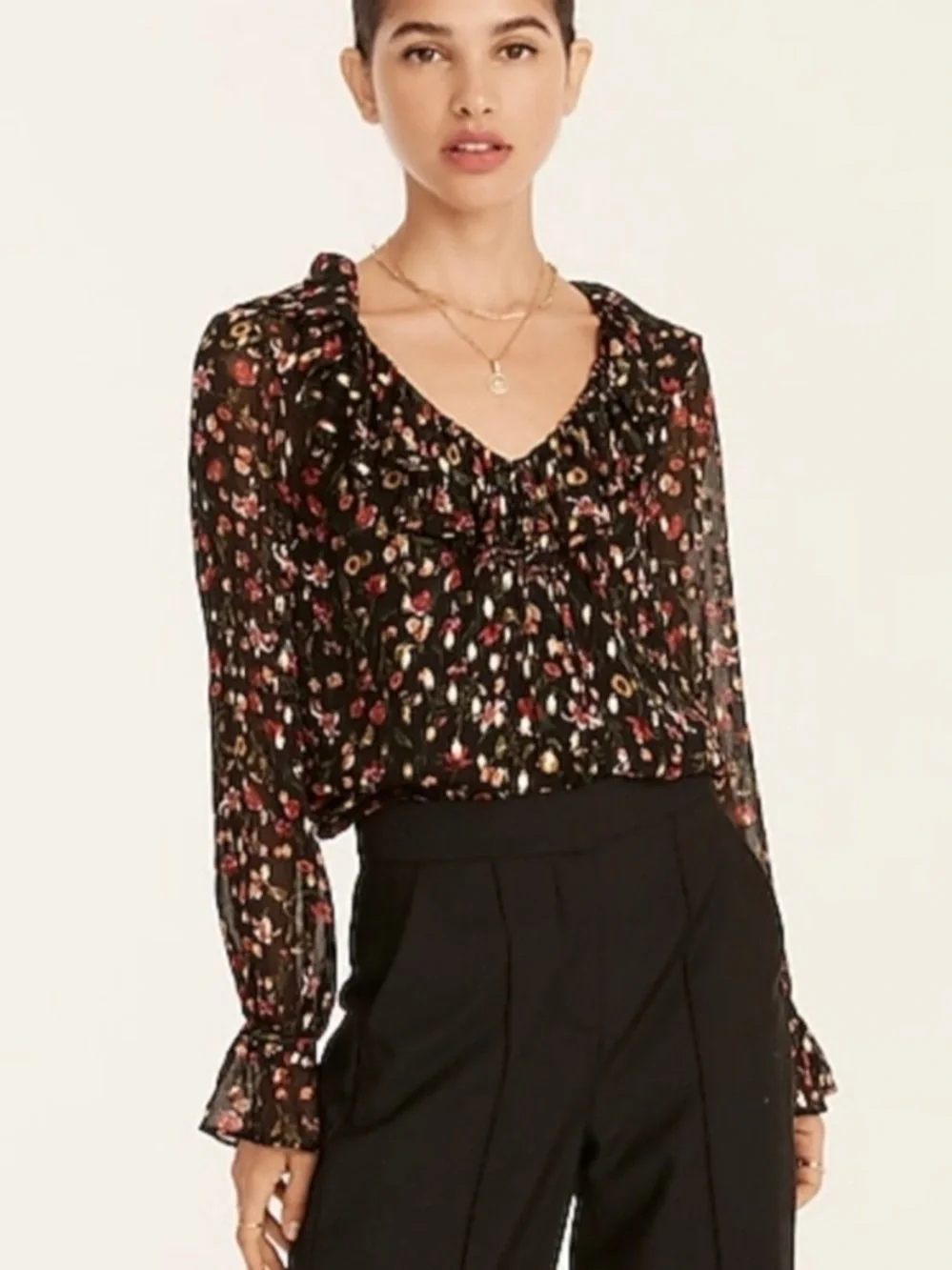 J. Crew Black Sheer Floral Ruffle-Neck Blouse